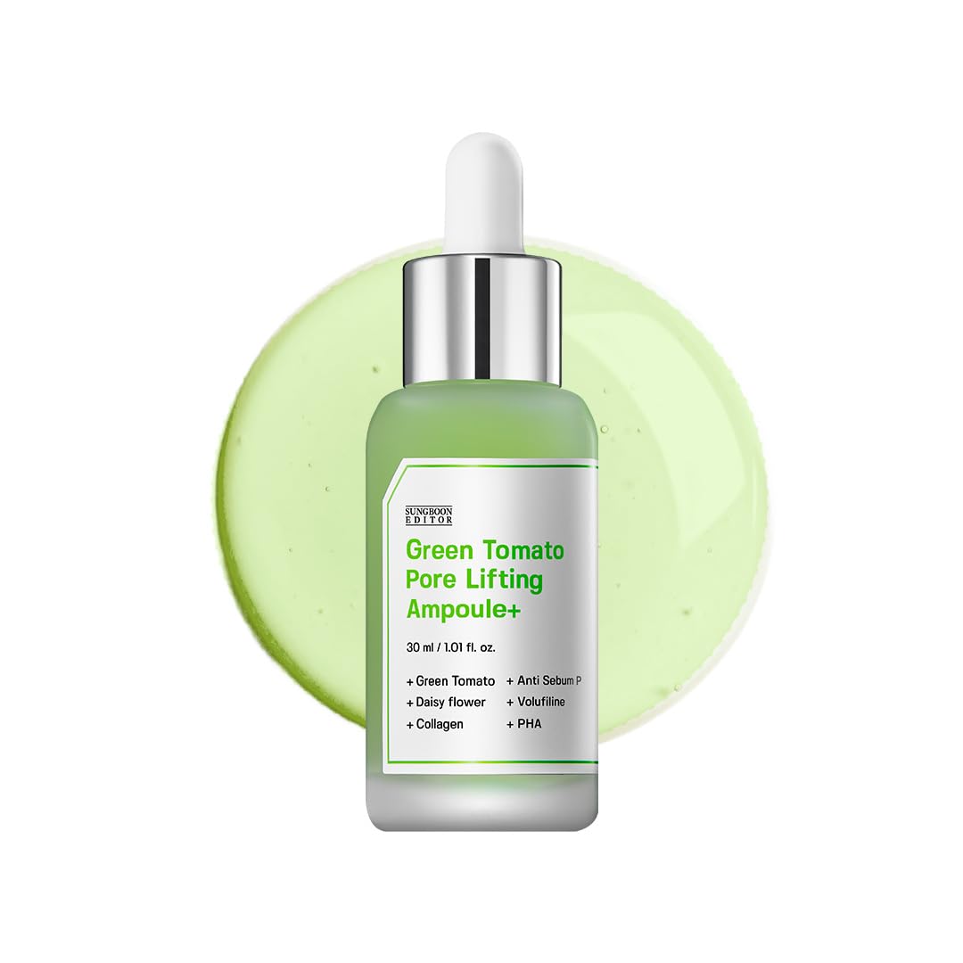 SUNGBOON EDITOR green tomato ampoule bottle highlighting pore care and hydrating serum.