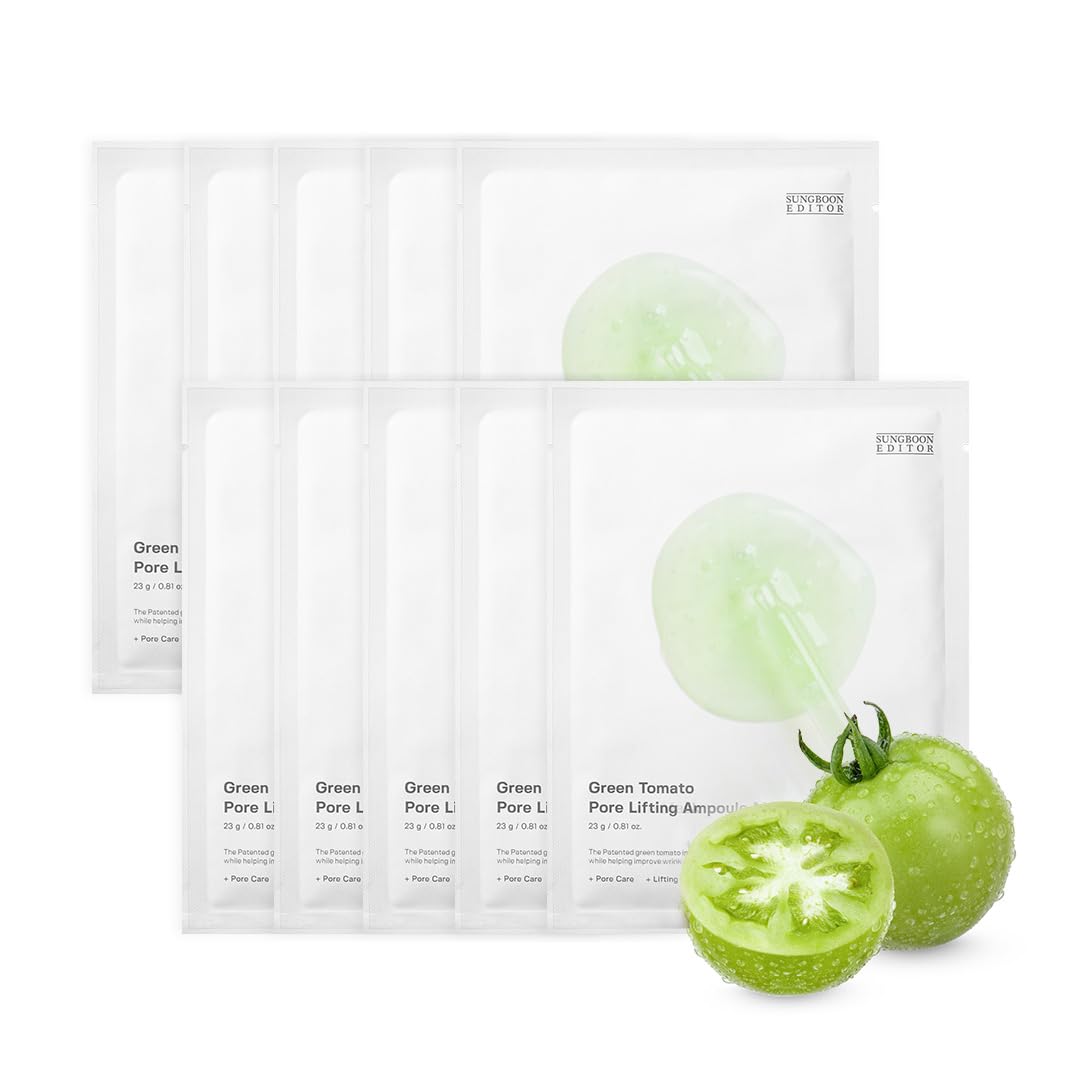 SUNGBOON EDITOR Green Tomato Pore Lifting Ampoule Mask packshot showing product and packaging