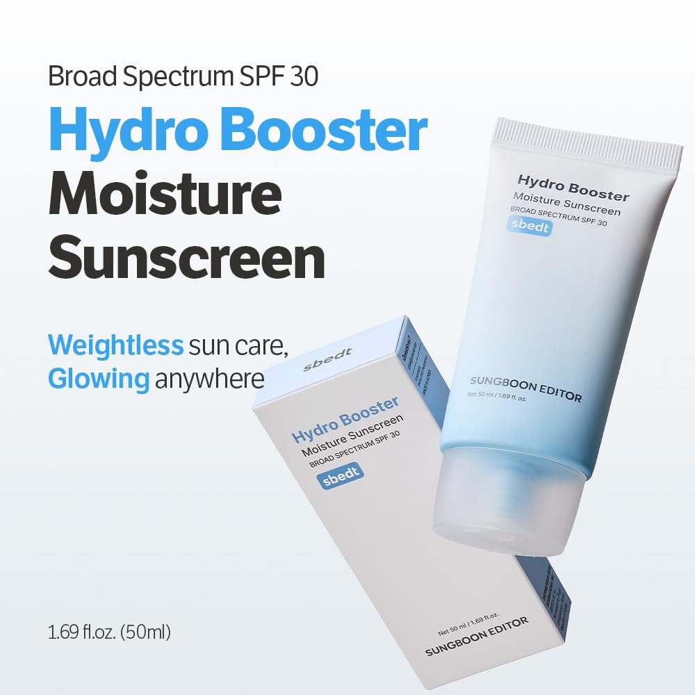 SUNGBOON EDITOR Hydro Booster Sunscreen label close-up highlights non-greasy finish.
