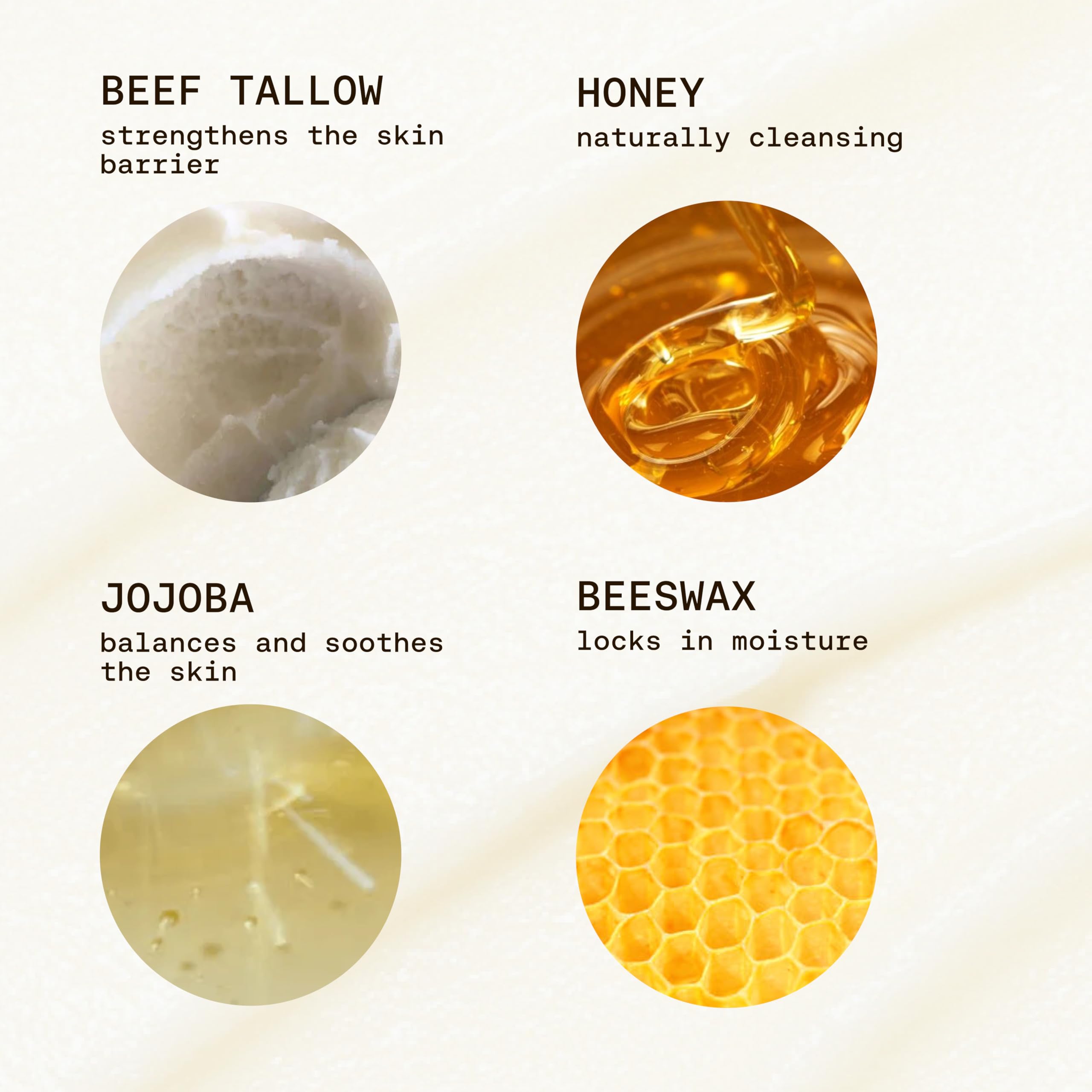 Ingrédients visuels: jojoba, miel cru et cire d abeille dans la formule.