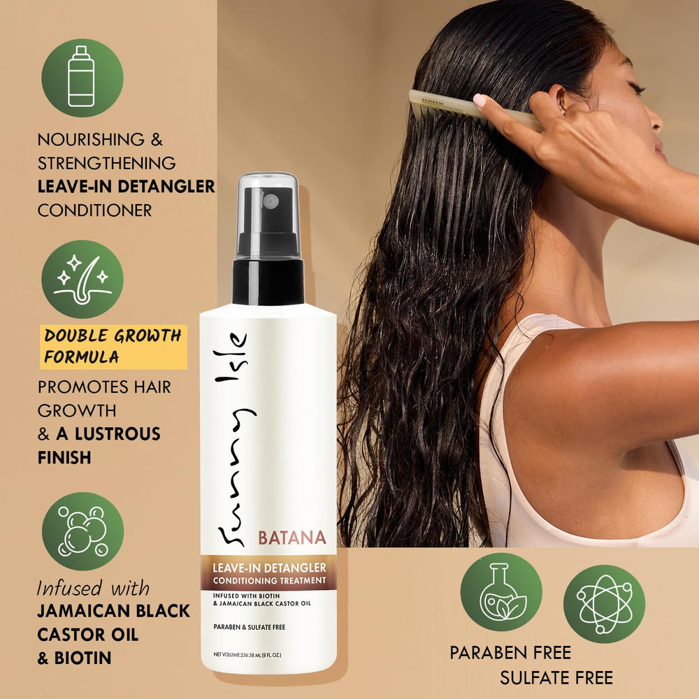 Sunny Isle Batana Leave-In Detangler being applied for smoother detangling