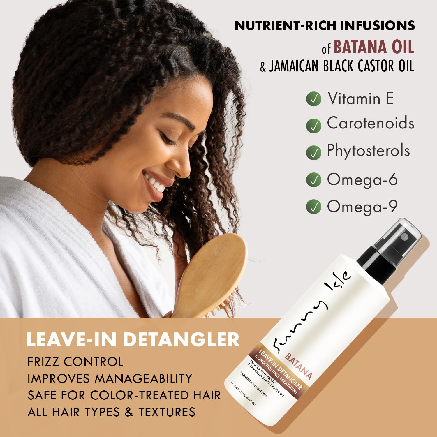 Sunny Isle Batana Leave-In Detangler with Jamaican Black Castor Oil nourishes strands