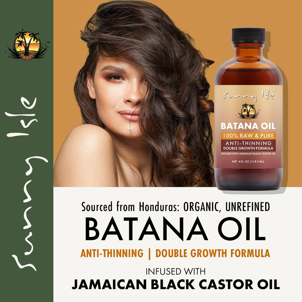 Sunny Isle Batana Oil pour suggests easy application for hydration and shine.