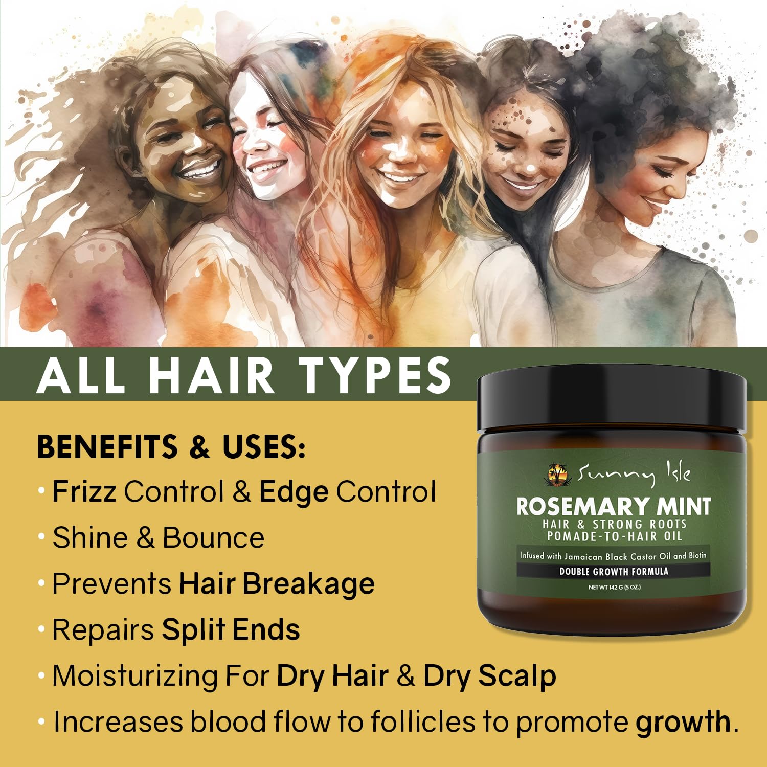Sunny Isle Rosemary Mint Hair Oil edge-control glow captures versatile styling