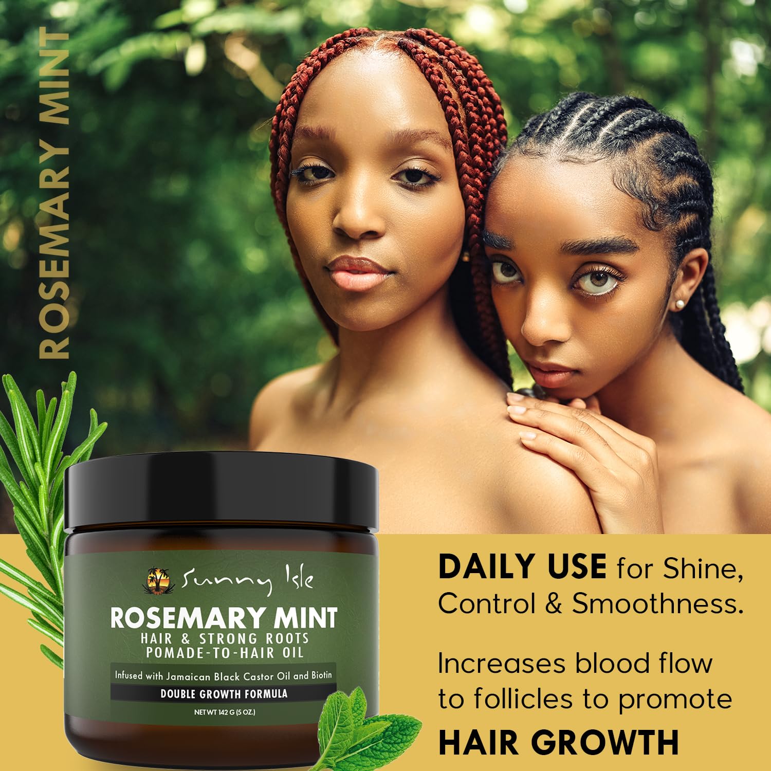 Sunny Isle Rosemary Mint Hair Oil hair application emphasizes definition and shine