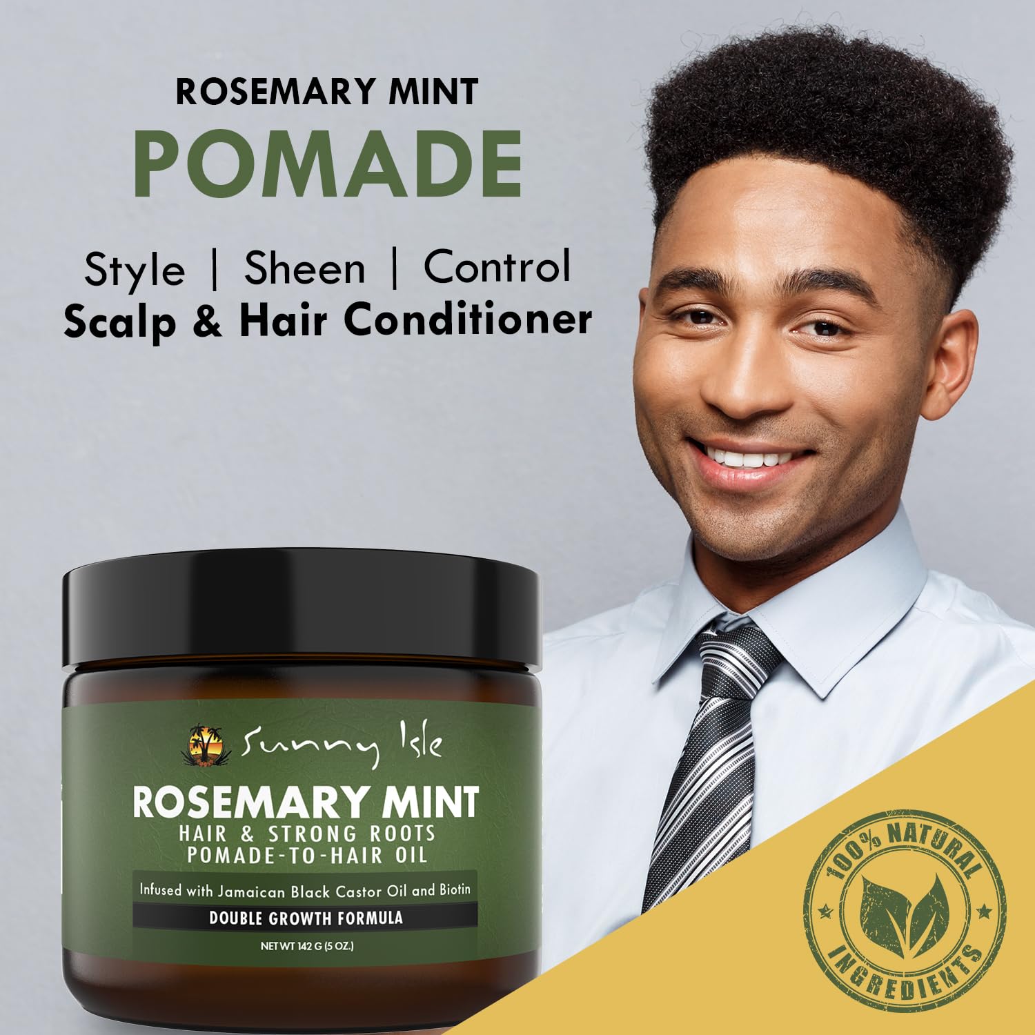 Sunny Isle Rosemary Mint Hair Oil ingredients illustration highlights castor oil and biotin