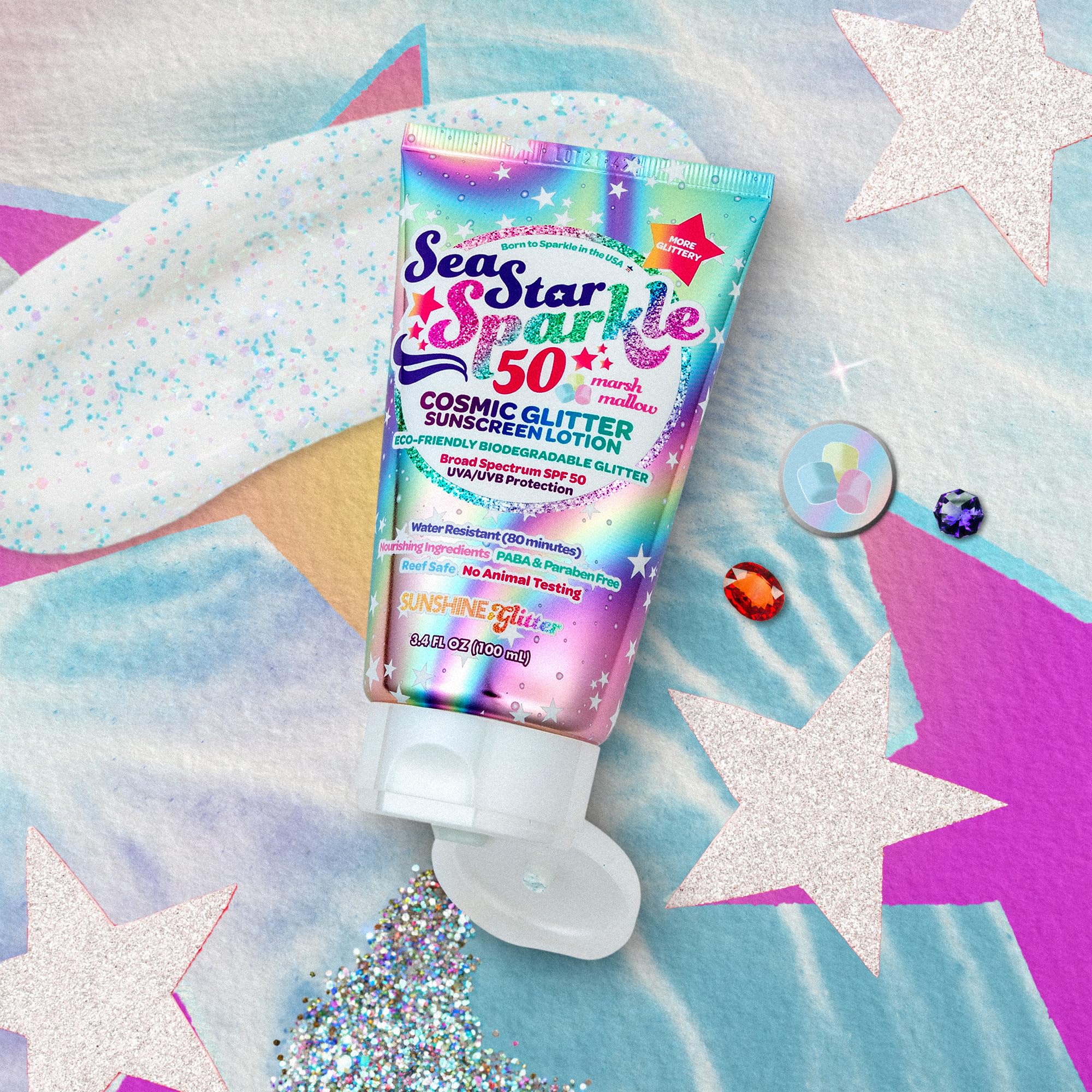 Sunshine & Glitter Seastar kids applying sunscreen with glitter shine.
