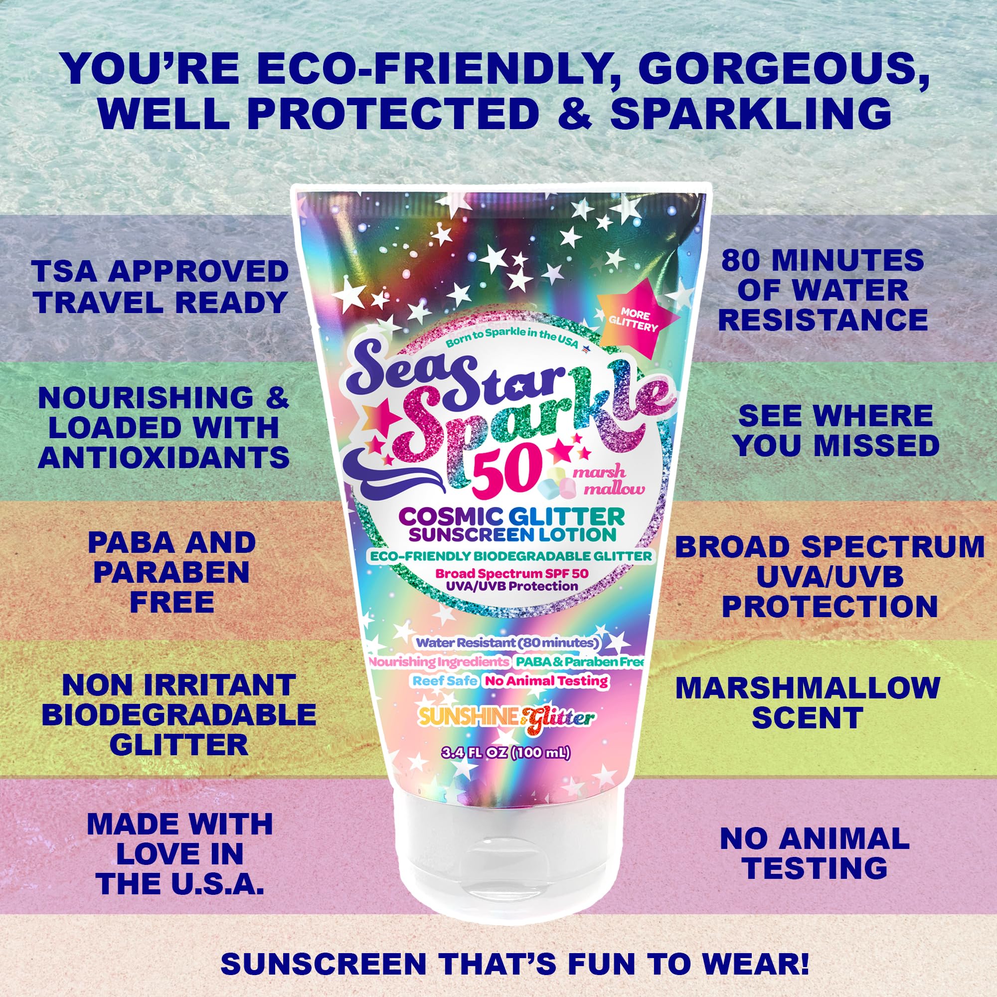 Sunshine & Glitter Seastar vegan cruelty-free label for ethical sun care.