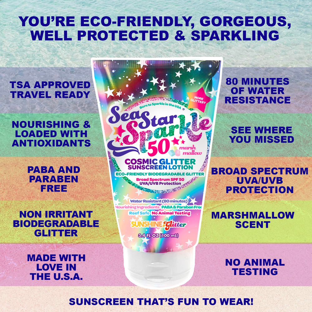 Sunshine & Glitter Seastar vegan cruelty-free label for ethical sun care.