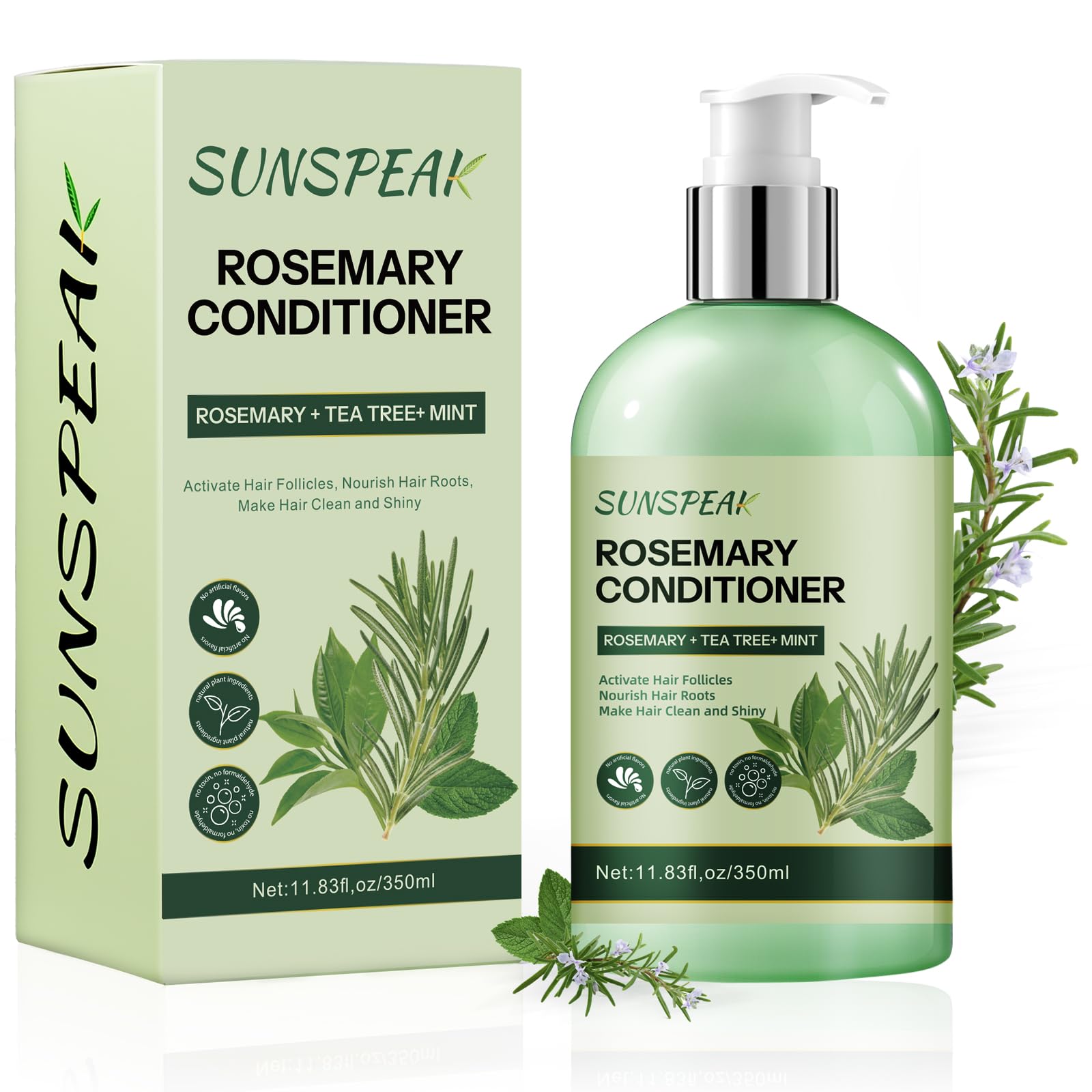 Sunspeak Rosemary Conditioner bottle being poured for smoother, hydrated hair