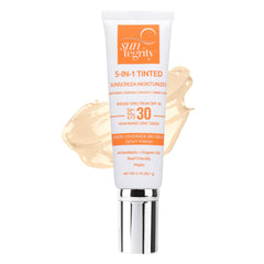 Suntegrity 5 in 1 tinted sunscreen bottle, front view for sensitive skin.