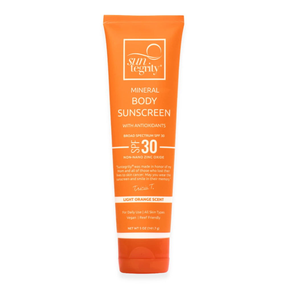 Suntegrity Mineral Body Sunscreen bottle highlights 20% non-nano zinc oxide protection.
