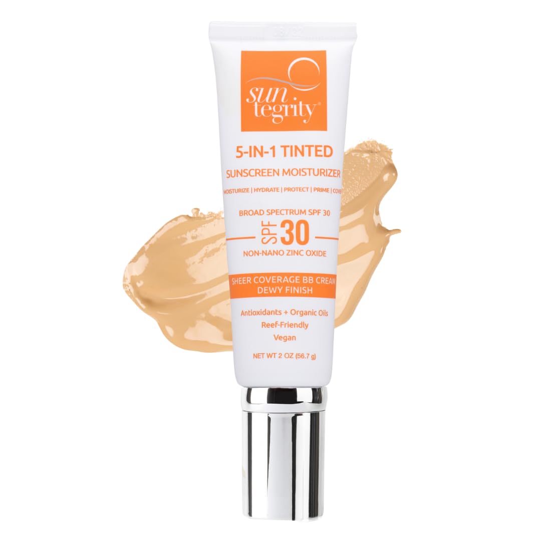Suntegrity Tinted 5 in 1 Mineral Sunscreen bottle in Golden Light SPF 30, daily protection.