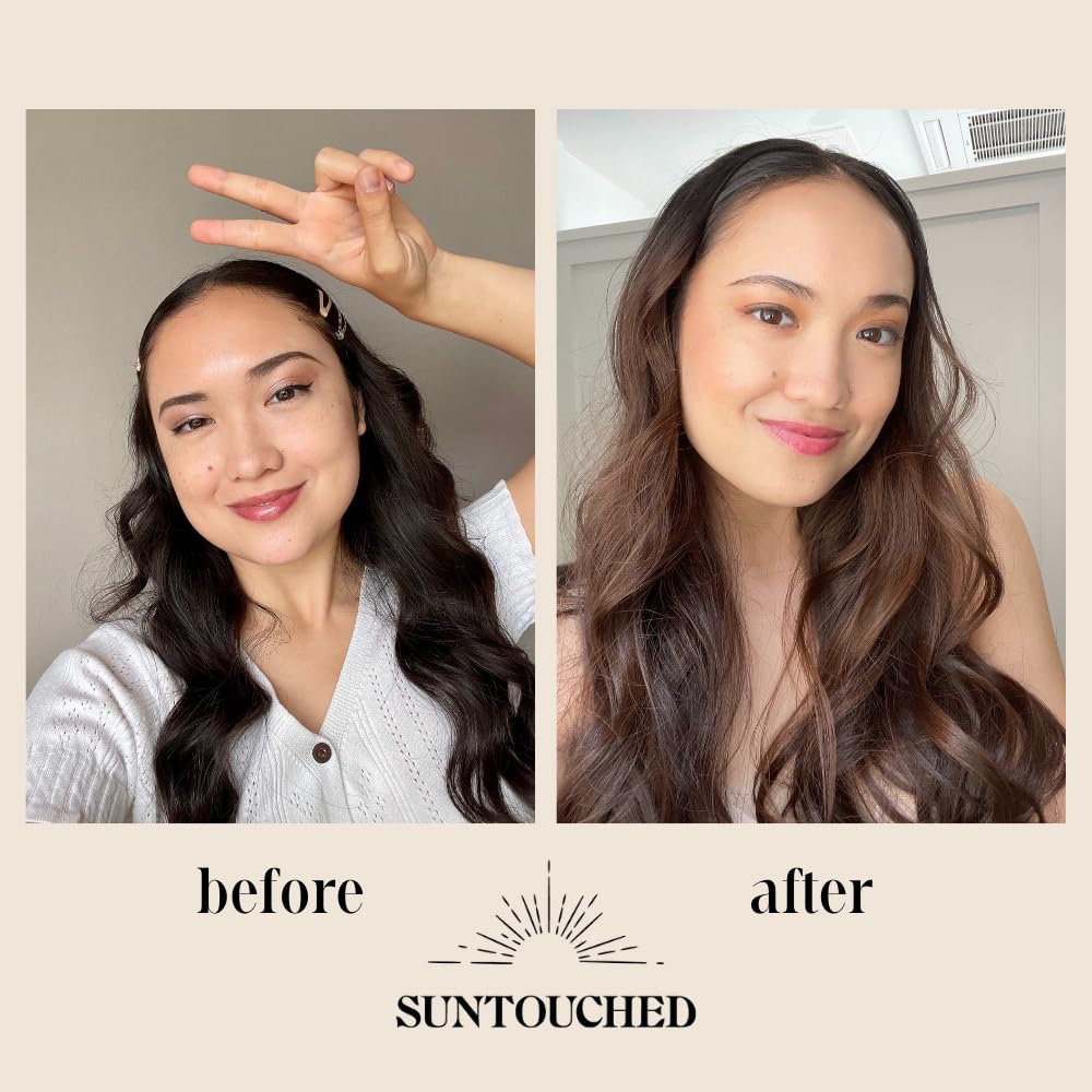 Suntouched lightener demonstrates building lighter shade over several applications on brunette hair.