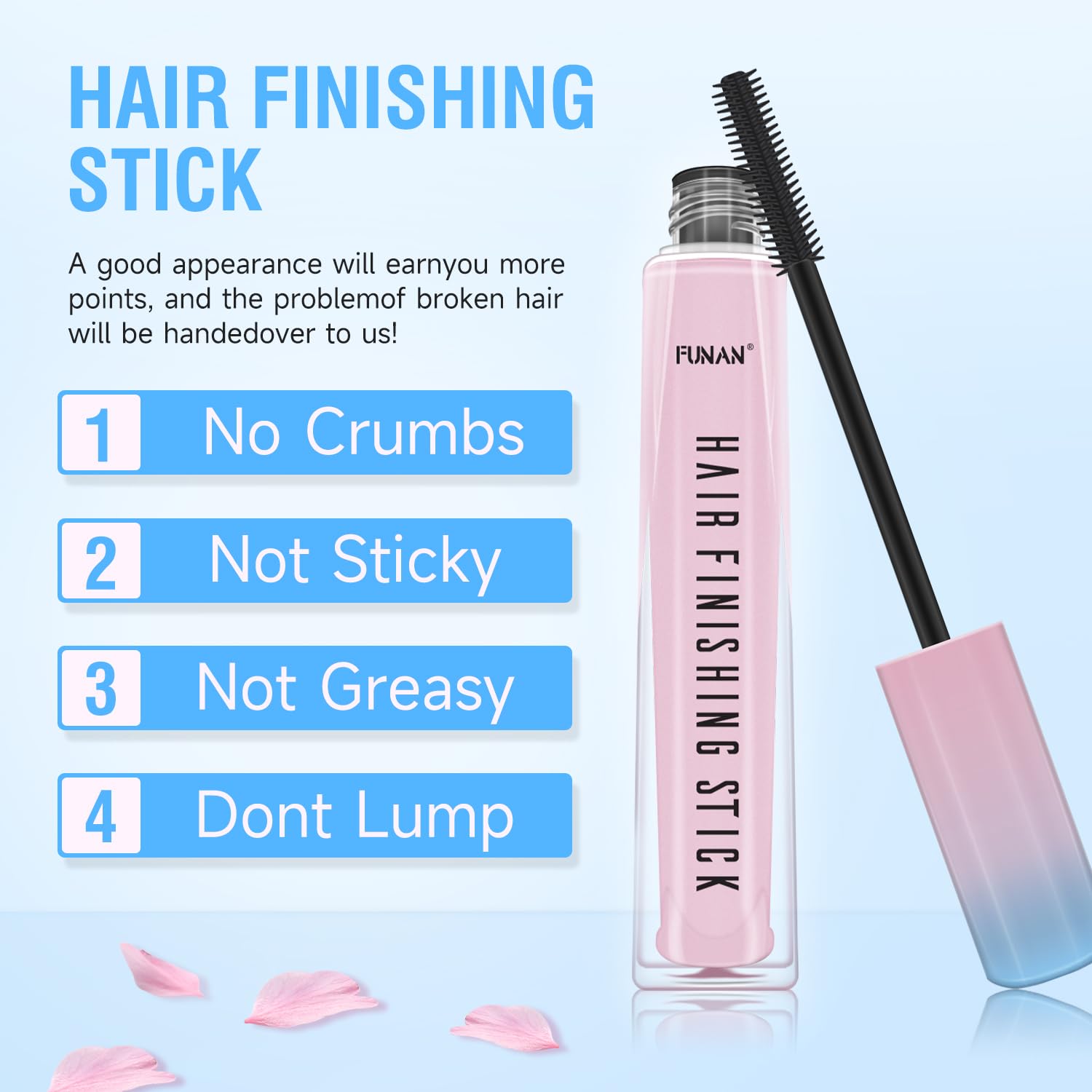 SUOFEIYA finishing stick demonstrating transparent finish blending with hair