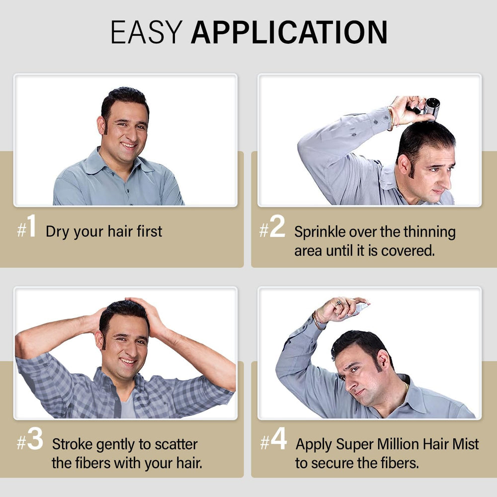 Super Million Hair SMH fibers conceal bald spots discreetly.