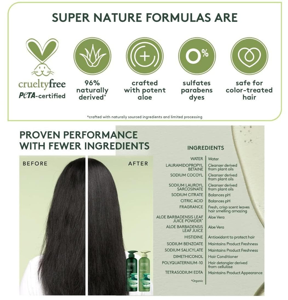 Super Nature Aloe ingredient label emphasizing soothing moisture for hair