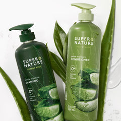 Super Nature Conditioner bottle close-up showing detangling and moisture for smooth curls