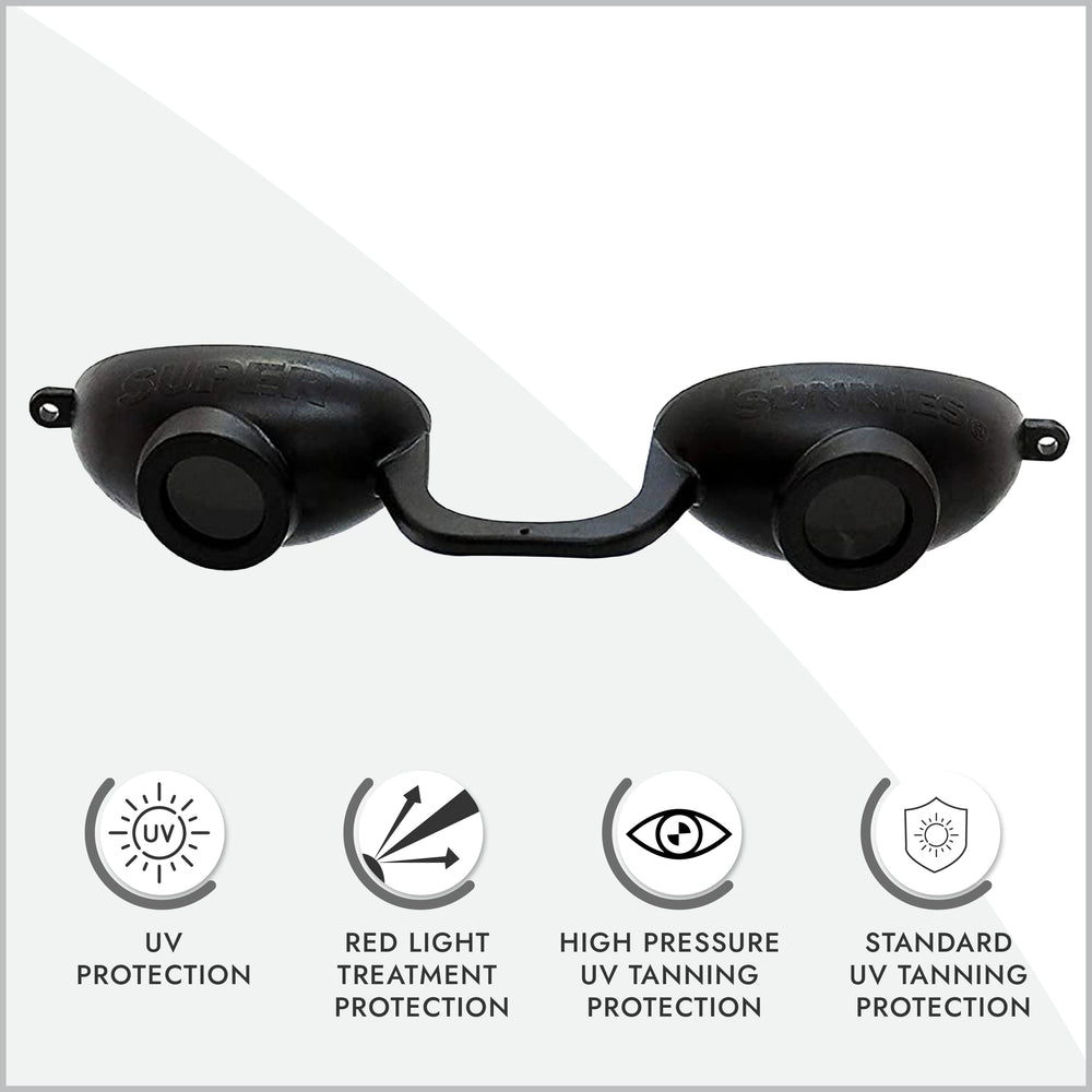 Super Sunnies red light therapy glasses protect eyes during at-home sessions.