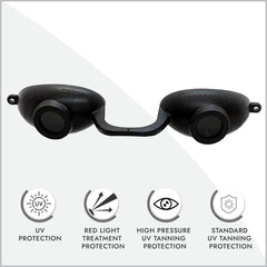 Super Sunnies red light therapy glasses protect eyes during at-home sessions.