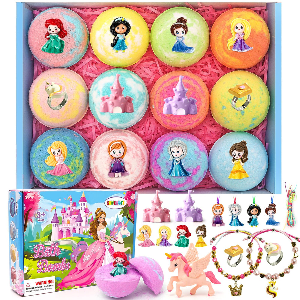 SUPERGFS kids bath bombs reveal a princess toy inside for magical bath time.