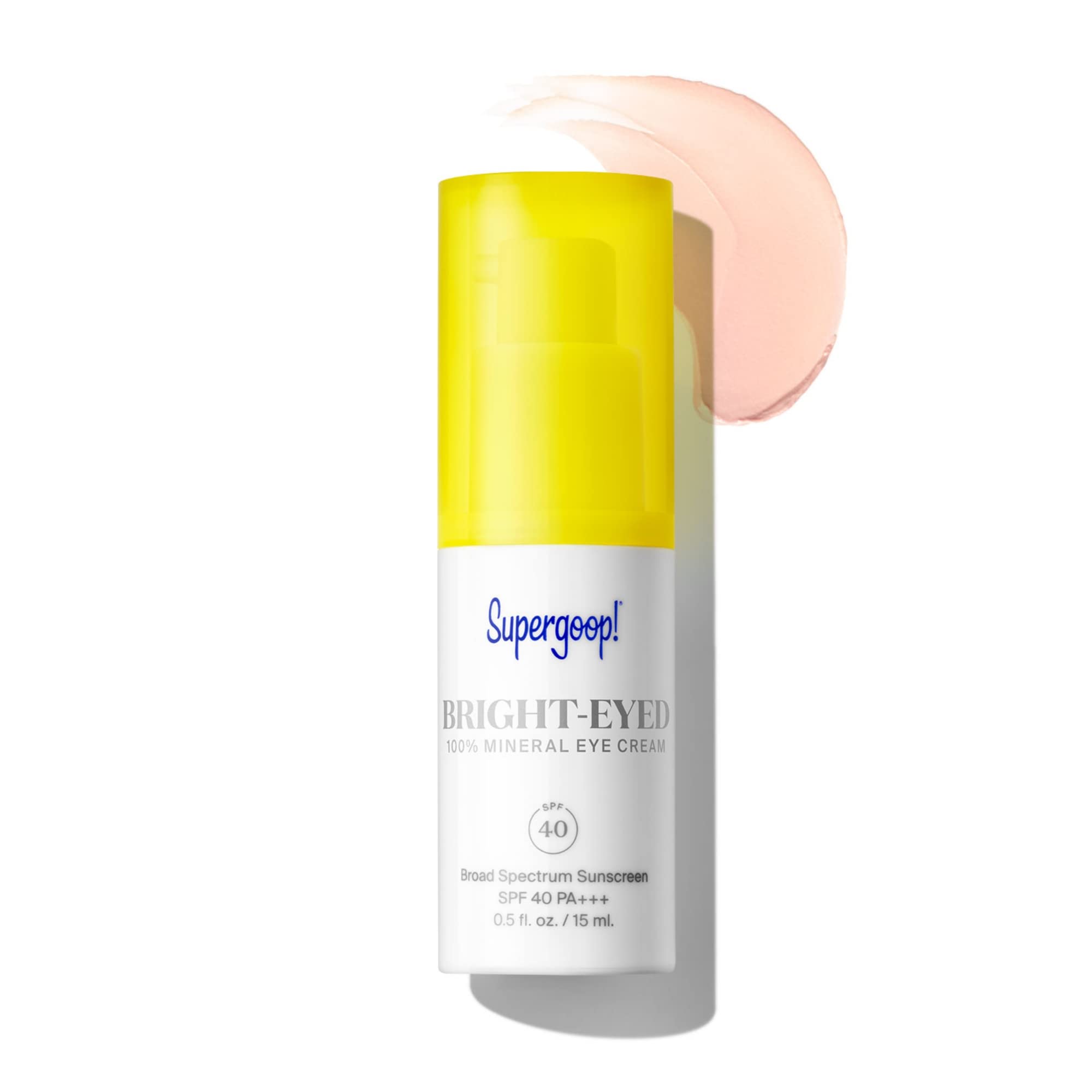 Supergoop Bright-Eyed eye cream bottle shows hydrating mineral protection.