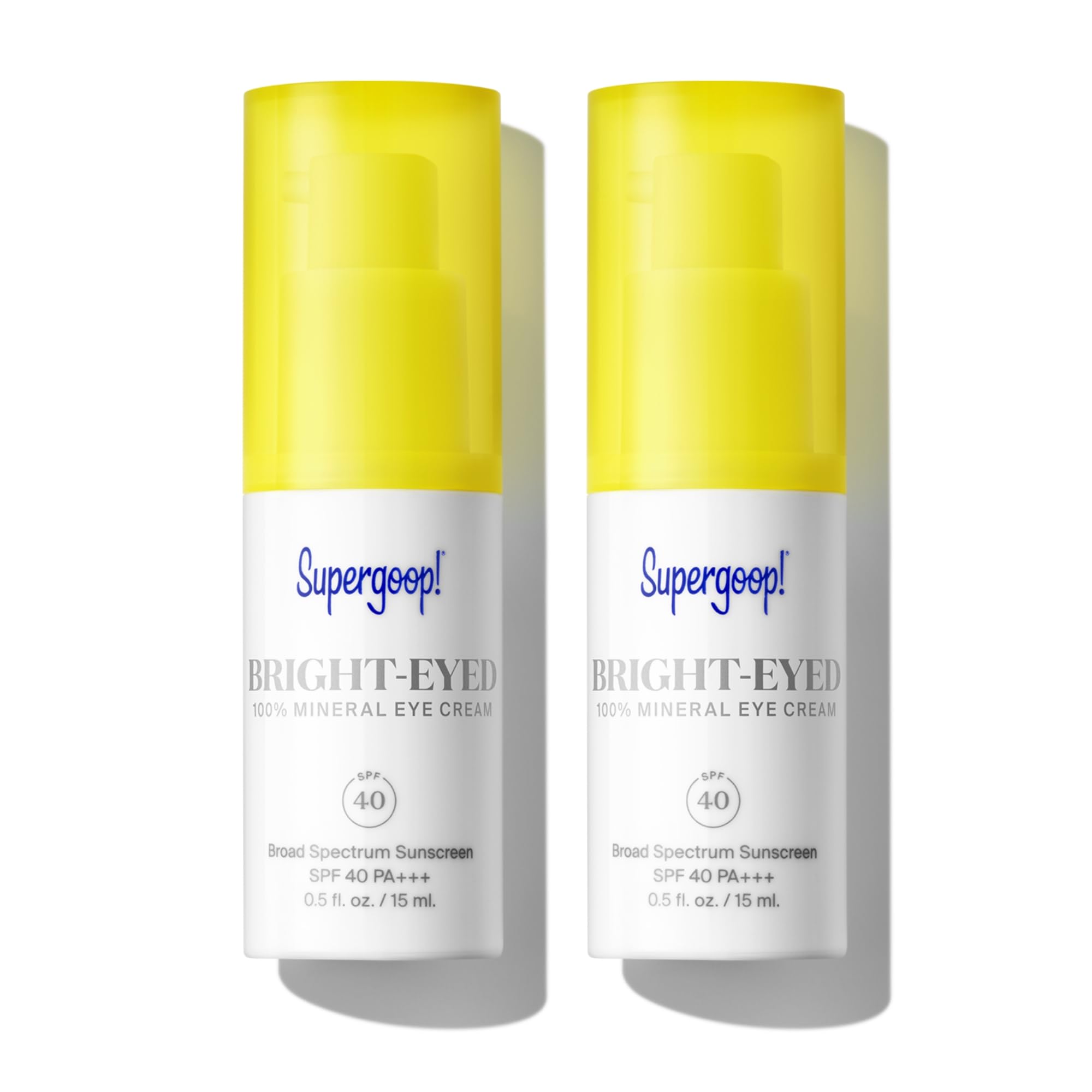 Supergoop Bright-Eyed Mineral Eye Cream bottle shows a hydrating SPF 40 option for refreshed eyes