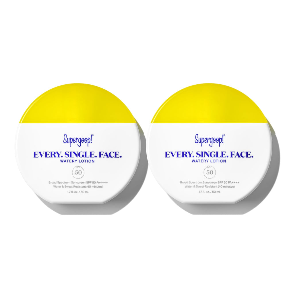 Supergoop! Every. Single. Face. Watery Lotion bottle demonstrates universal SPF 50 for all skin types.