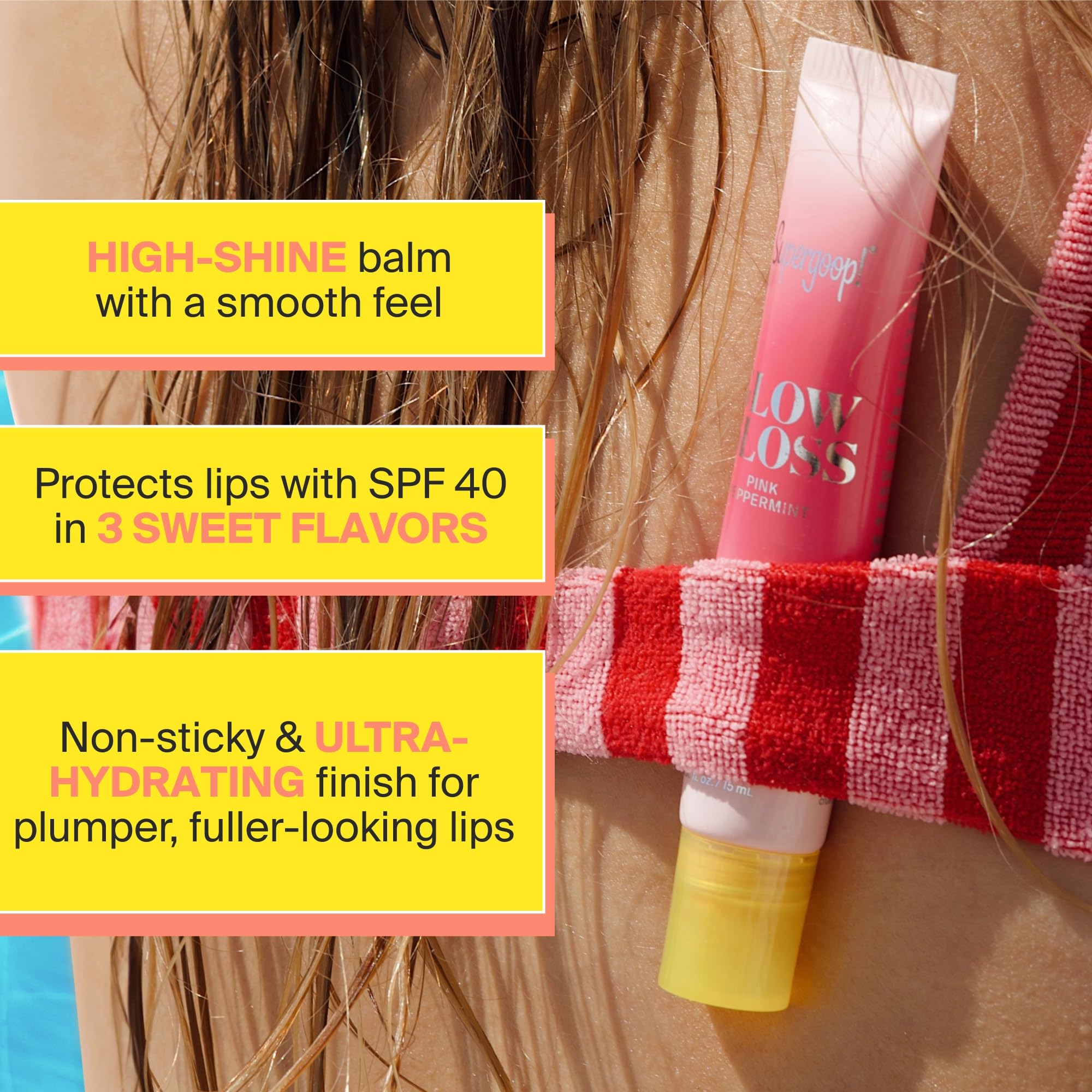 Close-up of Supergoop Glow Gloss SPF 40 lip balm showing sheer coral tint