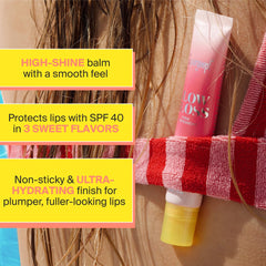 Close-up of Supergoop Glow Gloss SPF 40 lip balm showing sheer coral tint