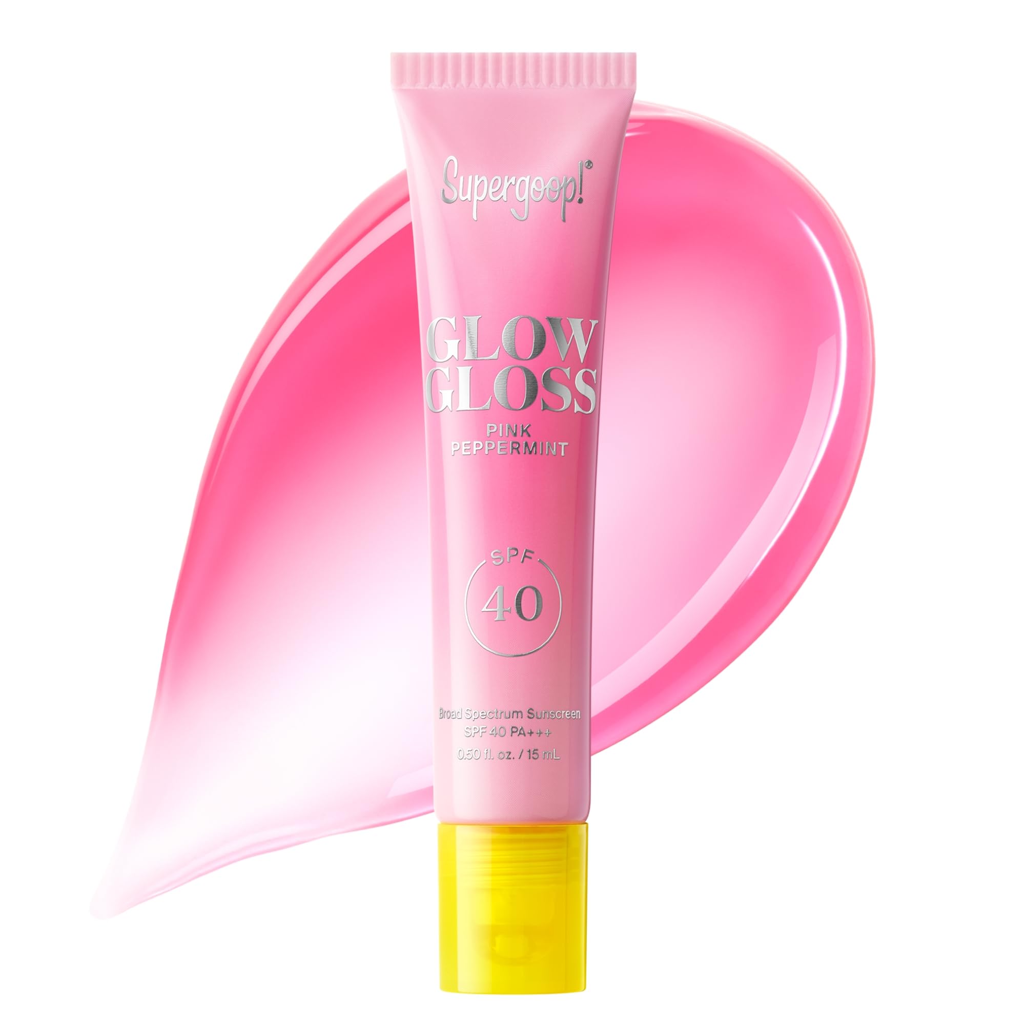 Supergoop Glow Gloss SPF 40 lip balm close-up shows pink peppermint tint and hydration.