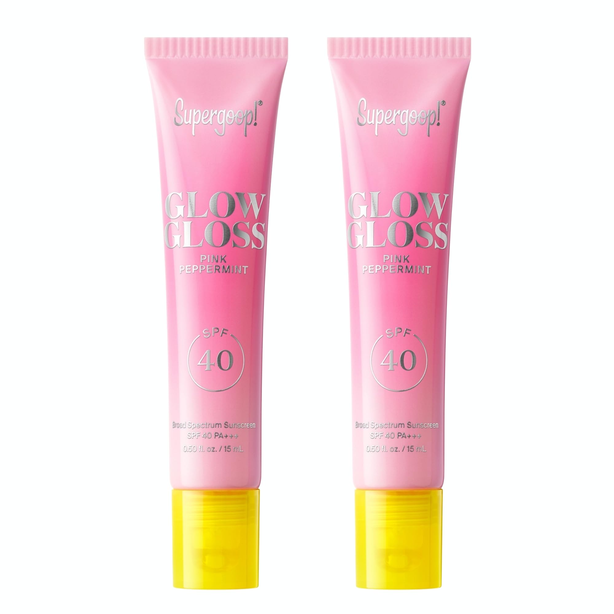 Supergoop Glow Gloss SPF 40 lip balm in pink peppermint with a glossy finish.