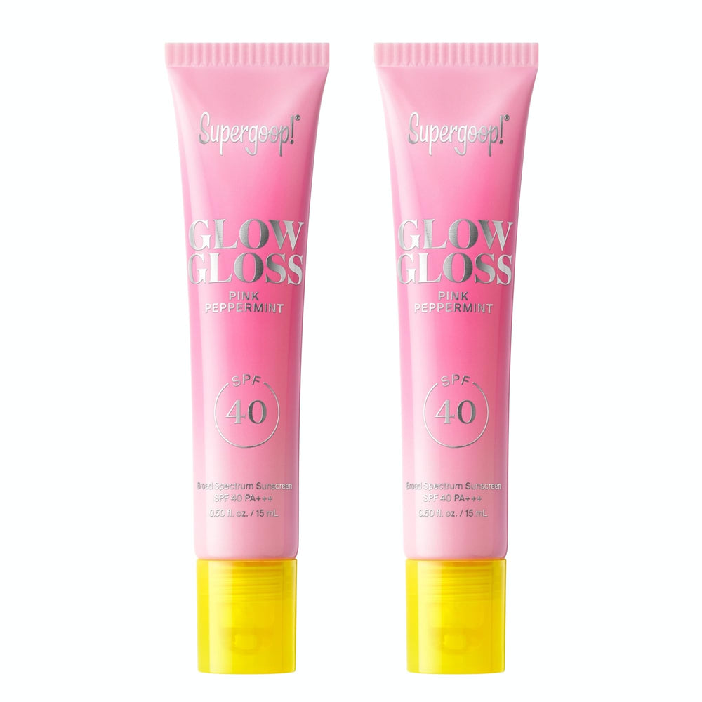 Supergoop Glow Gloss SPF 40 lip balm in pink peppermint with a glossy finish.