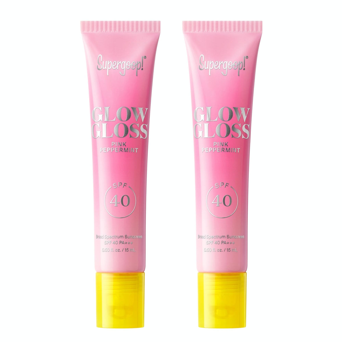 Supergoop Glow Gloss SPF 40 lip balm in pink peppermint with a glossy finish.