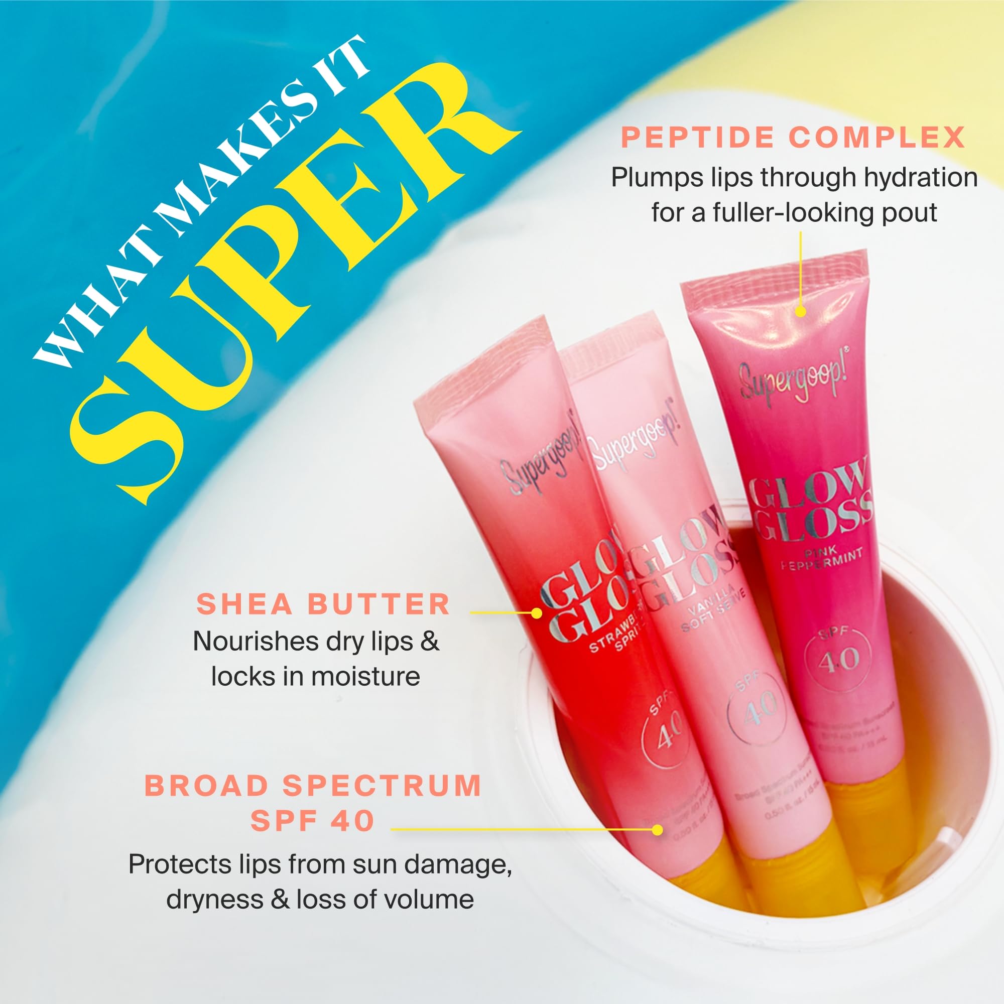 Reapply every two hours for continued moisture and sun protection with Supergoop Glow Gloss