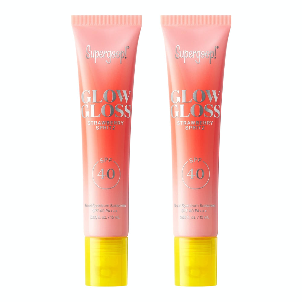Supergoop Glow Gloss SPF 40 lip balm in Strawberry Spritz tube delivers radiant moisture