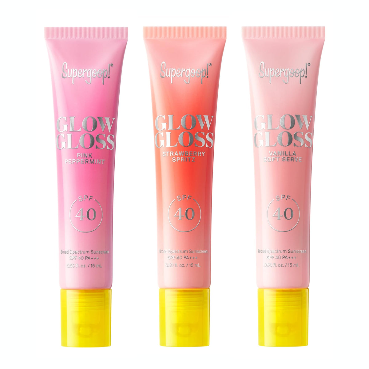 Supergoop Glow Gloss SPF 40 Vanilla Soft Serve tube with radiant shine and moisture.