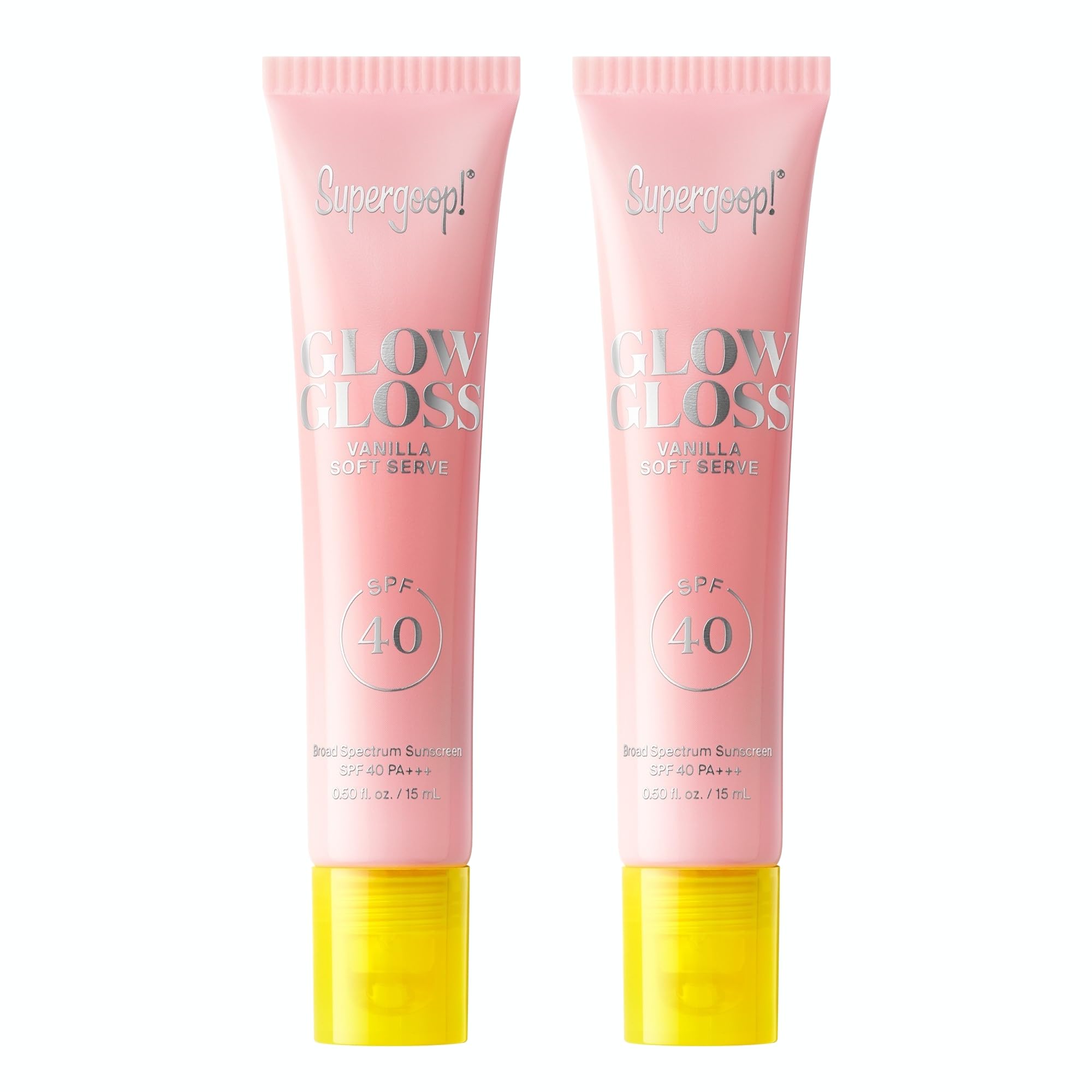 Supergoop Glow Gloss SPF 40 Vanilla Soft Serve on lips with radiant shine and hydration