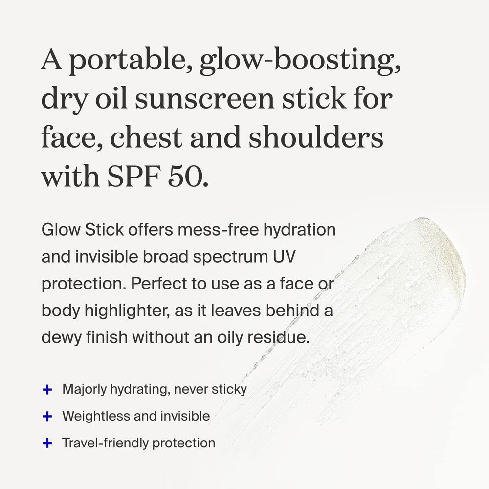 Supergoop Glow Stick on chest and shoulders provides hydration and sun protection.