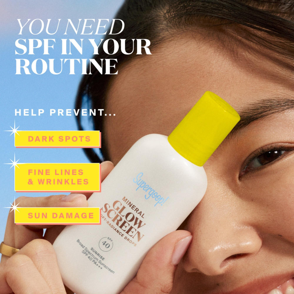 Supergoop! Glowscreen Drops two-shades blend for even tone and gentle glow.