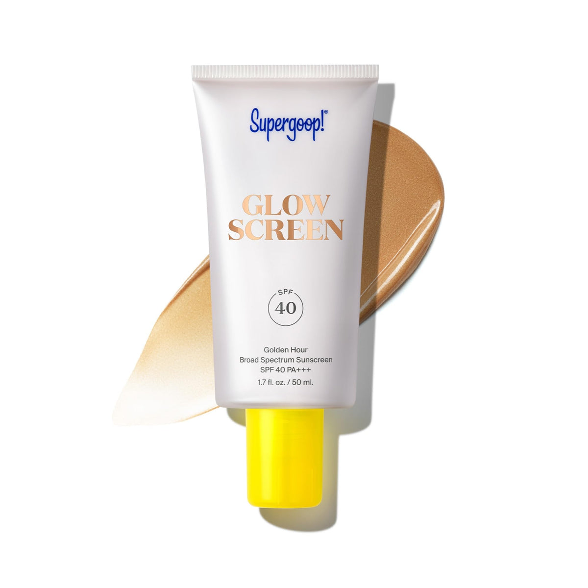 Supergoop! Glowscreen Golden Hour bottle showing a hydrating, radiant sunscreen base.