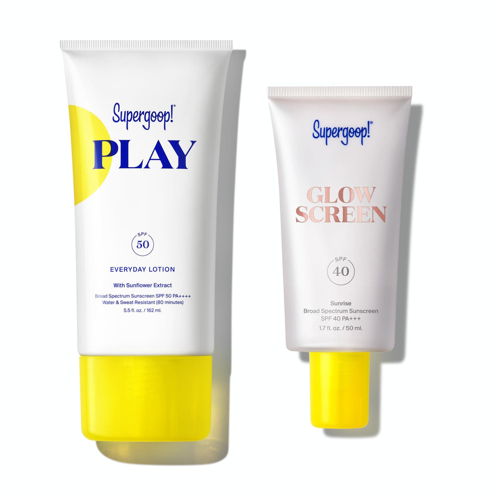 Supergoop! Glowscreen Sunrise bottle front shows dewy glow and SPF 40 protection