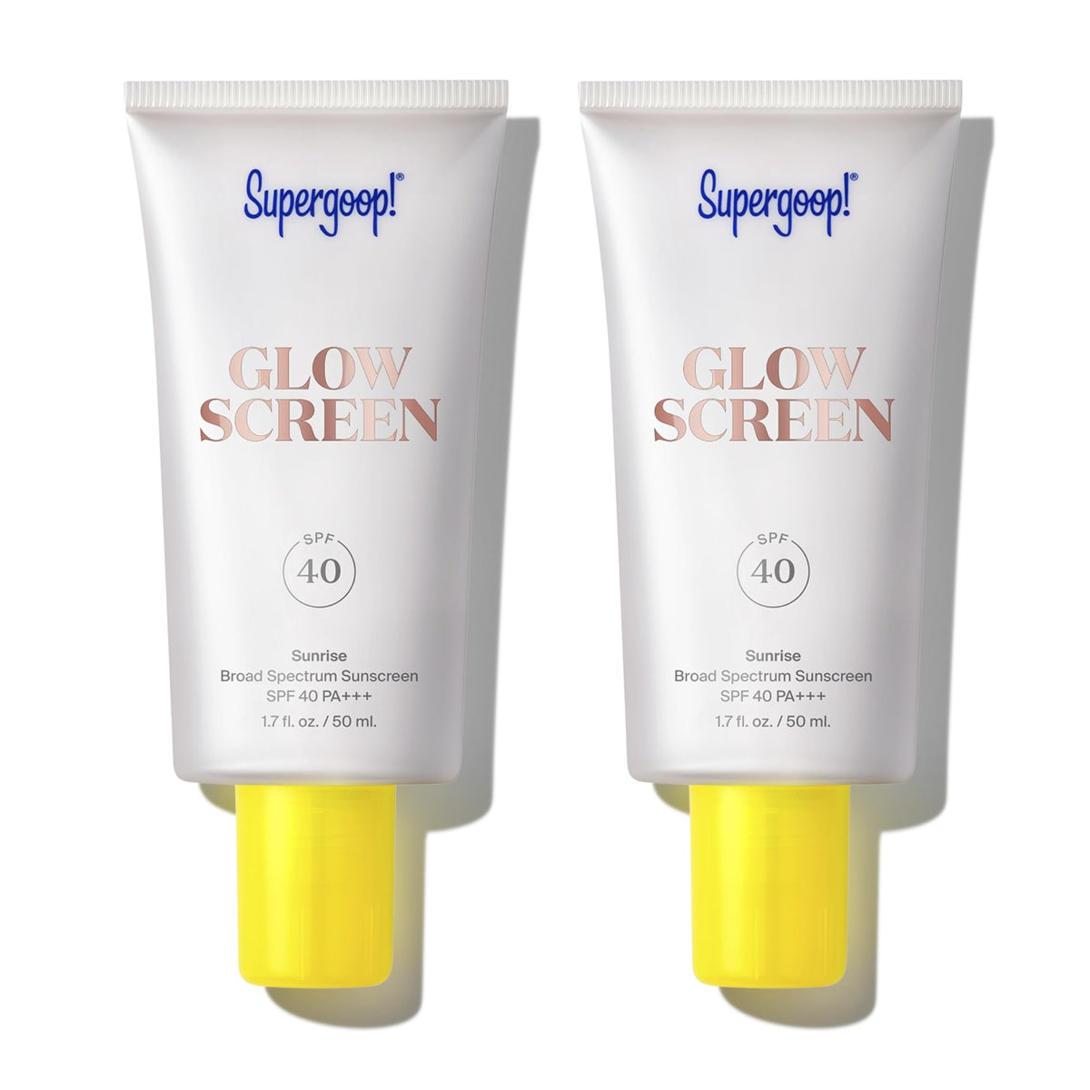 Supergoop! Glowscreen Sunrise bottle with SPF 40 and champagne glow.
