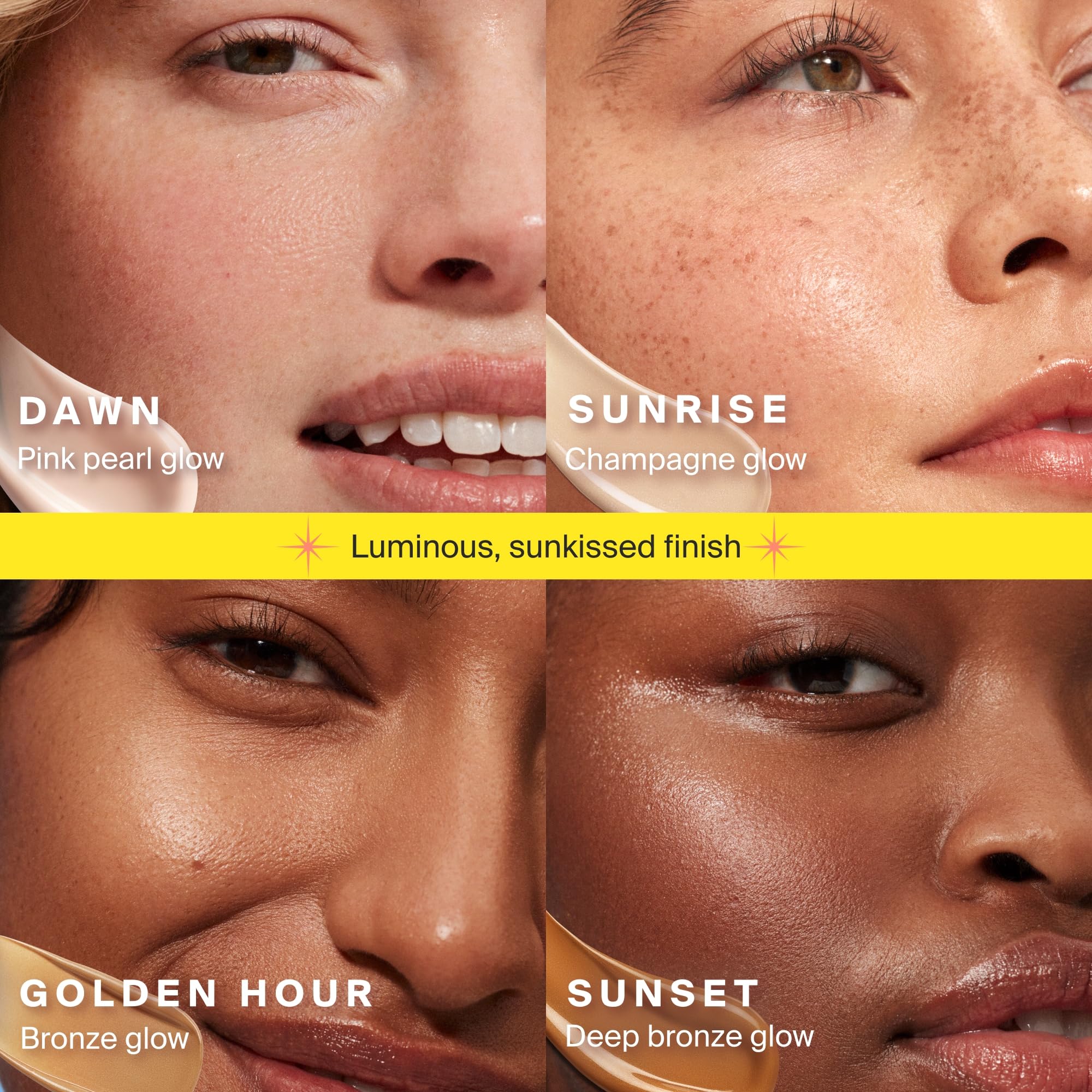 Packaging and Sunrise shade evoke champagne radiance.