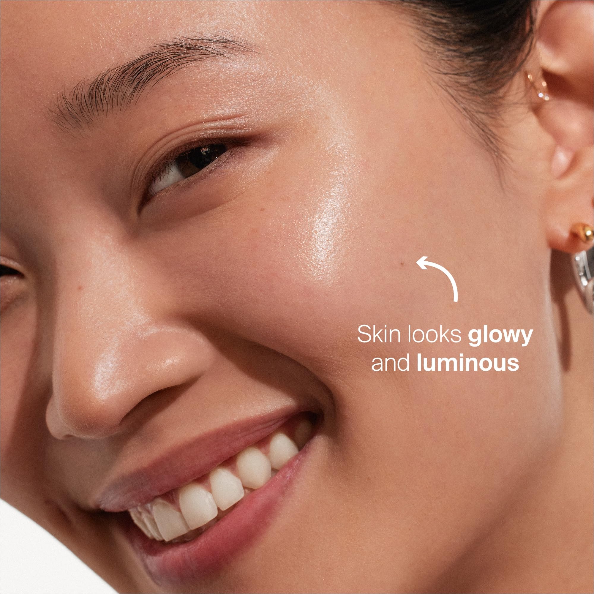 Texture close-up highlights soft, non-greasy glow on skin.