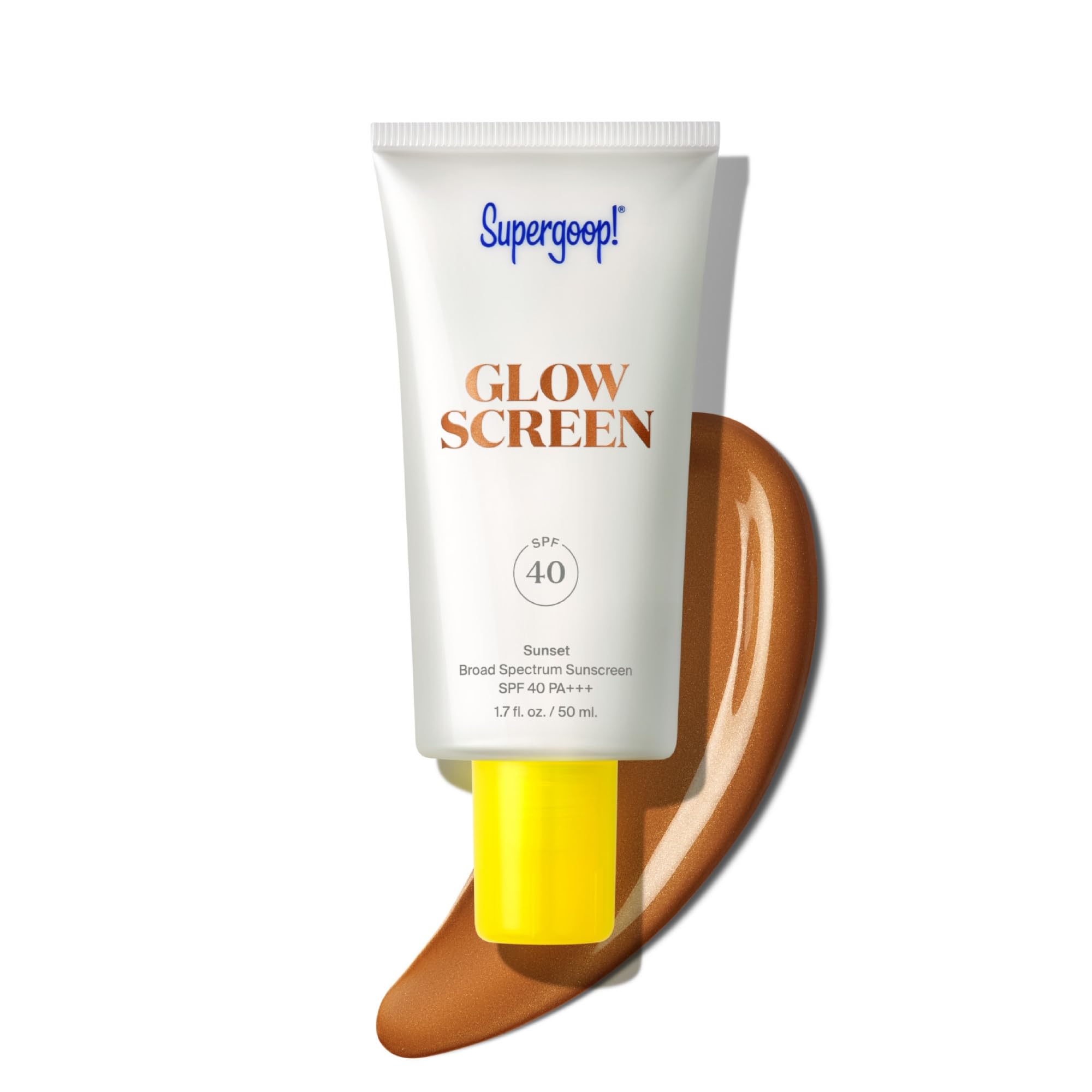 Supergoop Glowscreen Sunset bottle front with bronze glow for sun-kissed radiance.