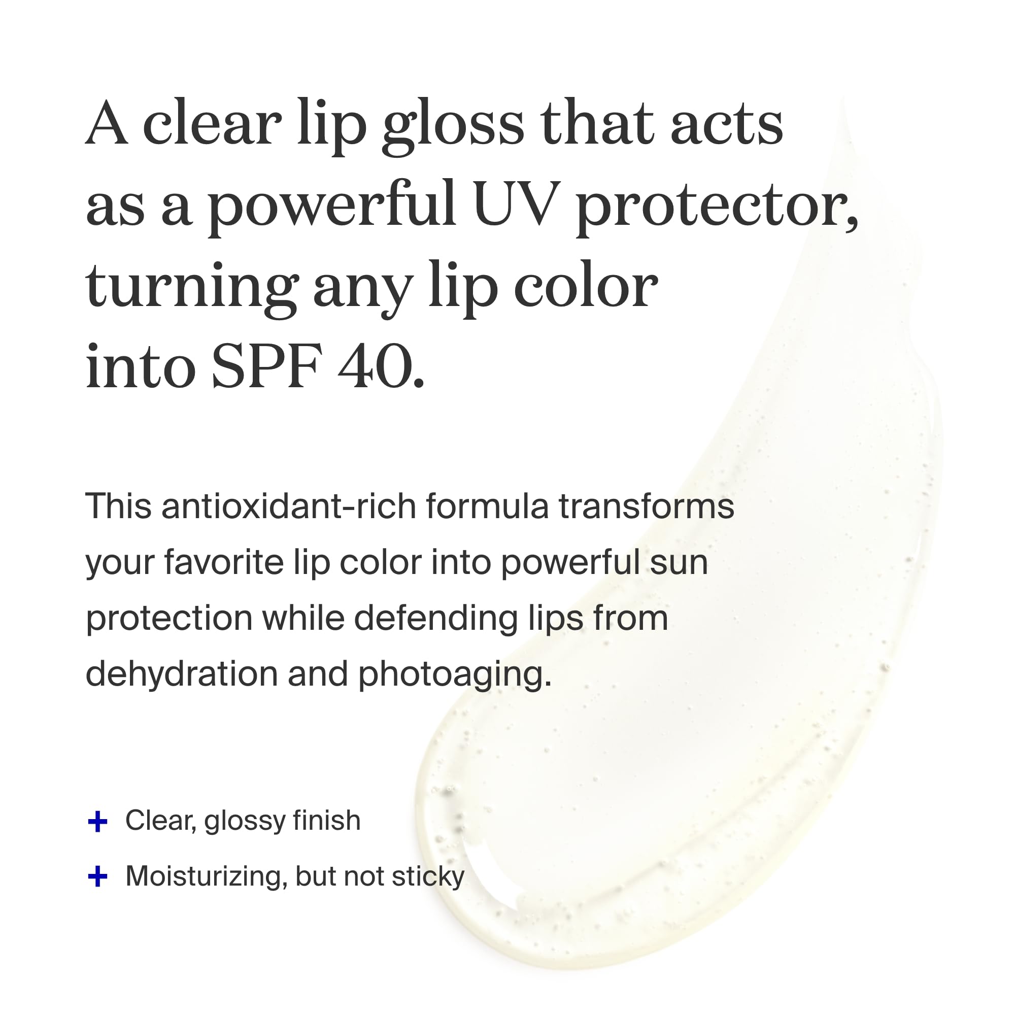 Supergoop Lipscreen Shine SPF 40 on lips for a clear, non-sticky gloss finish.