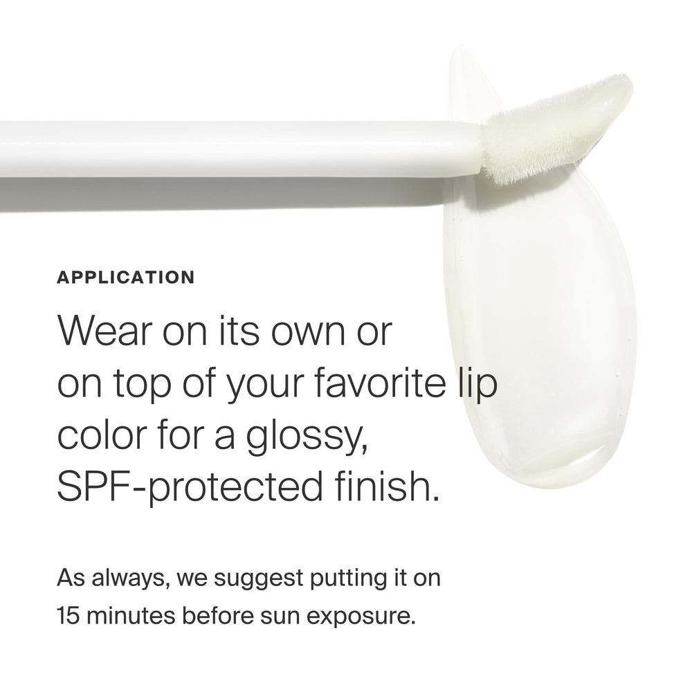 Supergoop Lipscreen Shine SPF 40 featuring sunflower oil for extra lip moisture.