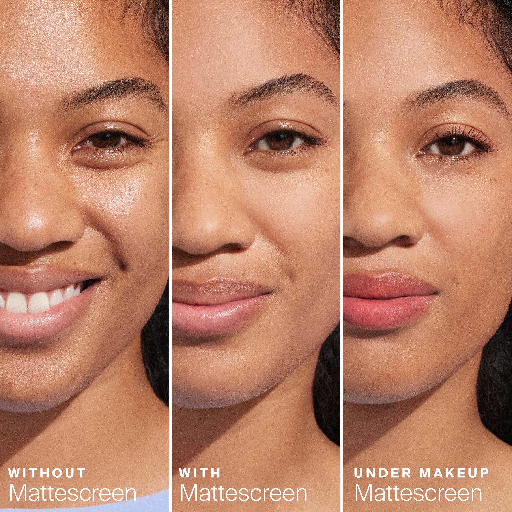 Supergoop! Mattescreen neutral tint swatch blending across skin tones