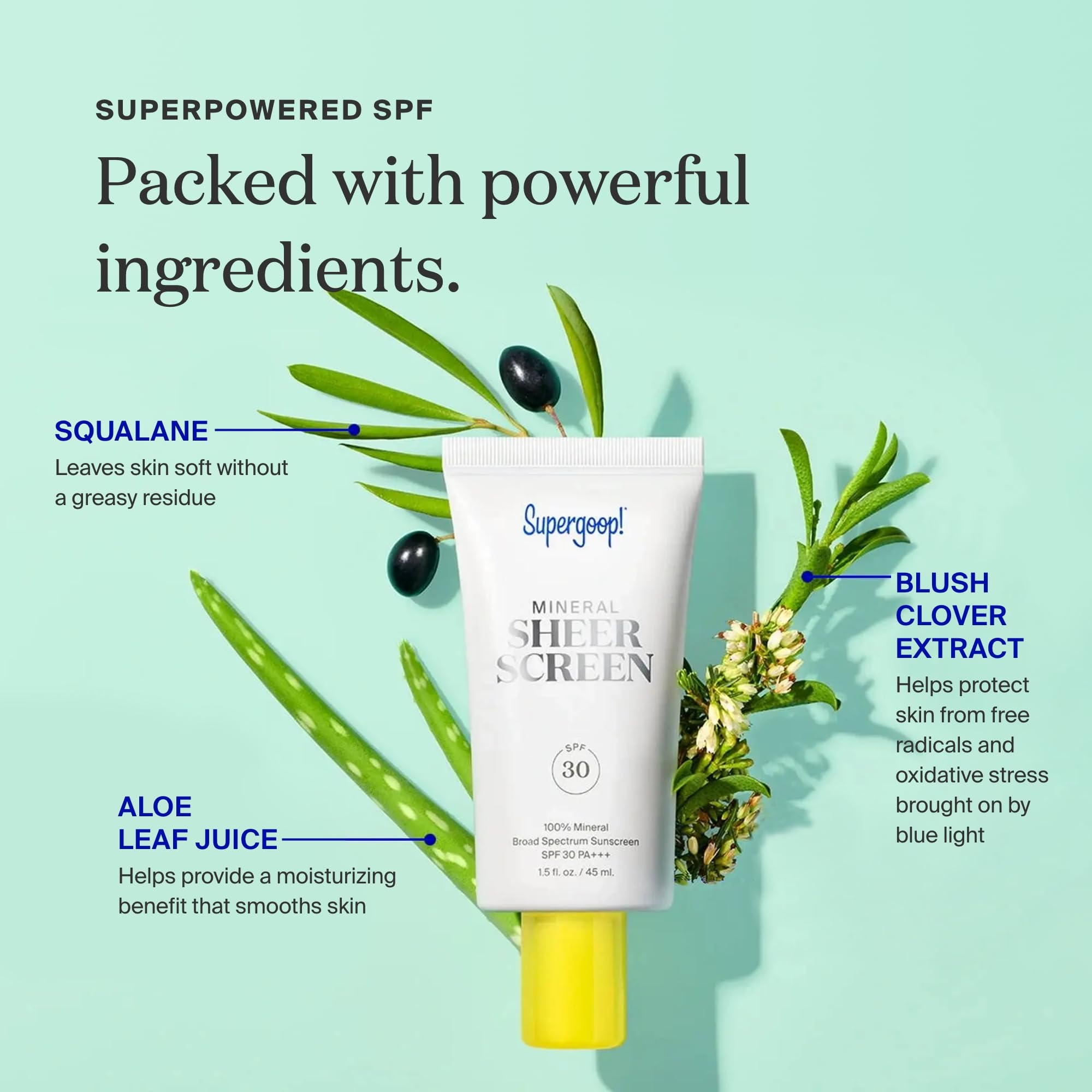 Close-up of SPF 30 PA+++ label on Supergoop! Mineral Sheerscreen